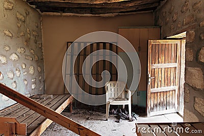 bedroom of abandoned stone highland house Stock Photo