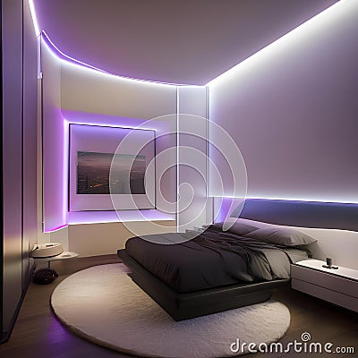 A bedroom adorned with futuristic LED-lit walls and cutting-edge sleep optimization technology2 Stock Photo