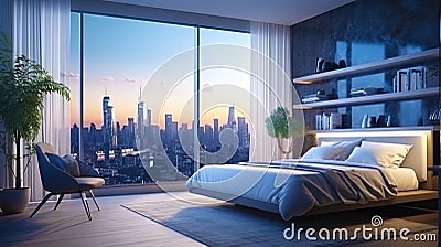 A bedroom with artificial materials and a window creating a modern city panorama Stock Photo