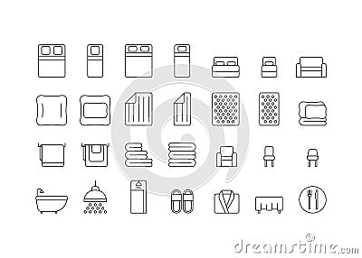 Bedroom and bathroom line icon set. Single and double bed, cushion, blanket, pillow, mattress, sofa, shower, bath Vector Illustration