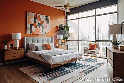 Bedroom with bed and big windows. Geometric patterns create stunning accent walls with familiar and simple shapes Stock Photo