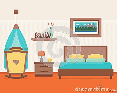 Bedroom with bed and cot. Vector Illustration