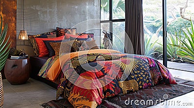 In this bedroom the bed is dressed with a vibrant tribal printed duvet cover and matching throw pillows. The intricate Stock Photo