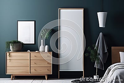 a bedroom with a bed, dresser, mirror and plants in pots on the dresser and a plant in a pot on the floor next to the bed Stock Photo