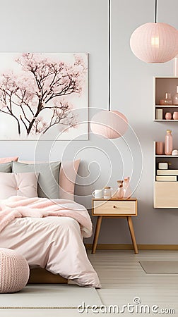 a bedroom with a bed, dresser and a painting on the wall Scandinavian interior Master Bedroom with Stock Photo