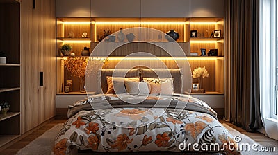 A bedroom with a bed, nightstands and shelves filled with vases, AI Stock Photo