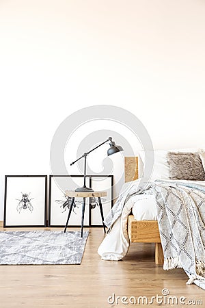 Bedroom with bed and pictures Stock Photo