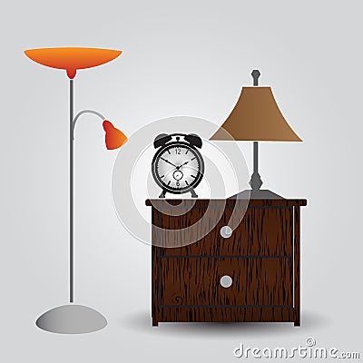 Bedroom bedside table and alarm clock Vector Illustration