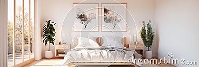 bedroom with clean lines, natural materials, and soft, neutral tones. Stock Photo