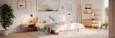 bedroom with clean lines, natural materials, and soft, neutral tones. Stock Photo