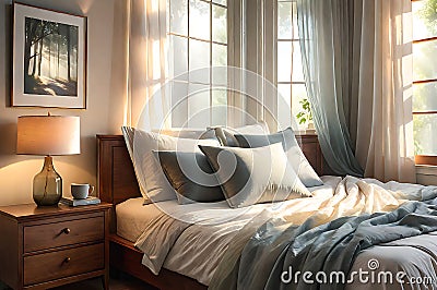 Bedroom Corner with Morning Light Streaming Through Sheer Curtains onto an Unmade Bed with Scattered Pillows Stock Photo