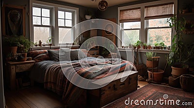 Bedroom decor, home interior design . Rustic Bohemian style Stock Photo