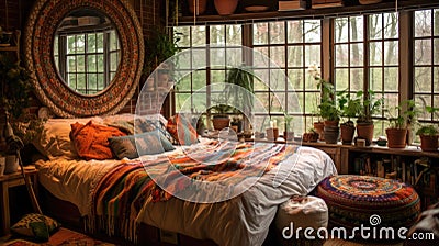 Bedroom decor, home interior design . Rustic Bohemian style Stock Photo