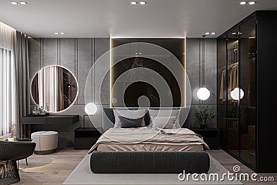Bedroom Delight Inviting Bed, Organized Almirah, and Wall Mirror on the Functional Console Table, LED Lighting Stock Photo