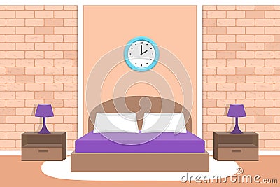 Bedroom design. Room interior Vector illustration. Background with brick wall. Vector Illustration