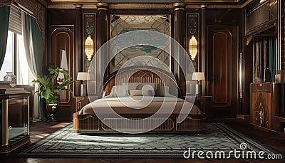 A bedroom designed for both opulence and comfort, blending Art Deco-inspired furniture Stock Photo