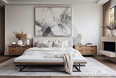 Bedroom featuring a spacious bed with a clean, uncomplicated design and neutral bedding for a touch of understated Stock Photo