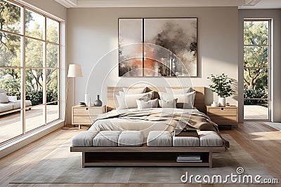 Bedroom featuring a spacious bed with a clean, uncomplicated design and neutral bedding for a touch of understated Stock Photo