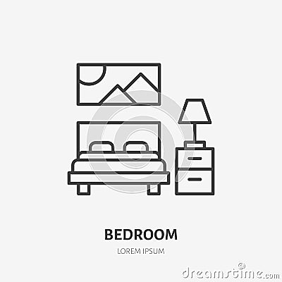 Bedroom flat line icon. Apartment furniture sign, vector illustration of bed, bedside table, lamp, decorations. Thin Vector Illustration