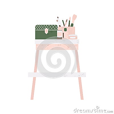 Bedroom furniture - dressing table with cosmetics in flat cartoon style. Cute vanity table in Scandinavian style. Vector Vector Illustration