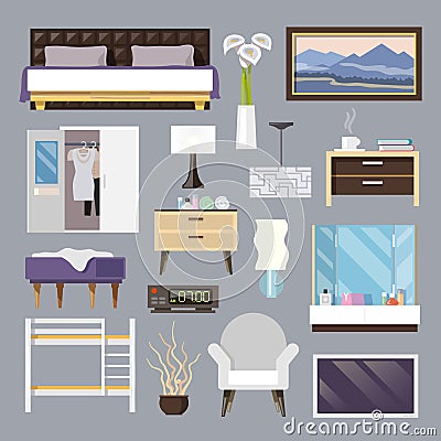 Bedroom Furniture Flat Icons Set Vector Illustration