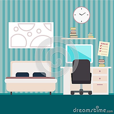 Bedroom with furniture. Flat style illustration. Cozy interior. Cartoon Illustration
