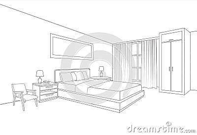 Bedroom furniture interior. Room line sketch drawing Stock Photo