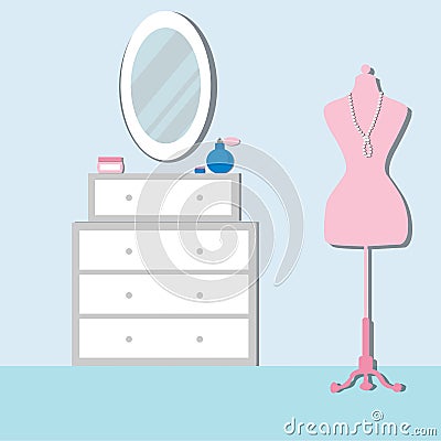 Bedroom with furniture and mannequin. Chest of drawers Cartoon Illustration