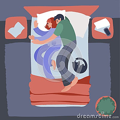 Cute young couple lying in bed and cuddling. Vector Illustration