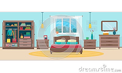 Bedroom with furniture and window Vector Illustration