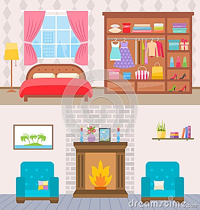 Bedroom with furniture and window. Wardrobe with clothes and mirror. Flat style vector illustration. Vector Illustration