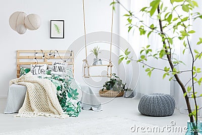 Bedroom with gray pouf Stock Photo