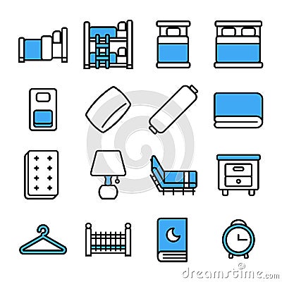 Bedroom icon set.Vector thin line style. Vector Illustration