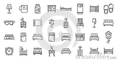 Bedroom icons set, outline style Vector Illustration