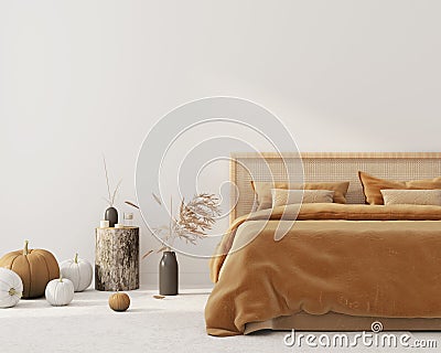 Bedroom interior with autumn colored bedding and decoration for Halloween Cartoon Illustration