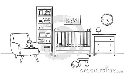 Bedroom interior background. Baby bed-room line art. Kid room fu Stock Photo