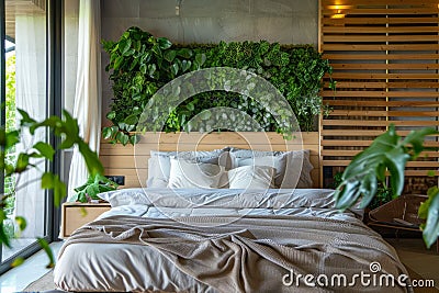 Bedroom interior with bed and vertical garden wall Stock Photo