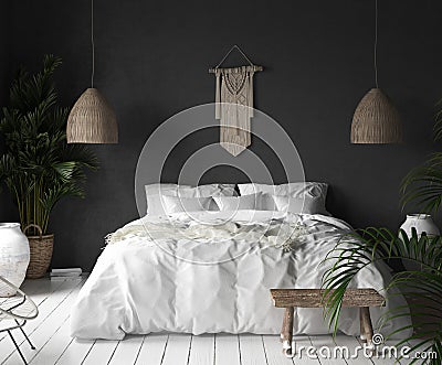 Bedroom interior with black wall,boho style decor and white bed Stock Photo