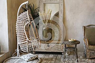 Bedroom interior designed in oriental east style with mirror and wicker furniture Stock Photo