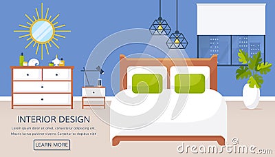 Bedroom interior. Evening time. Vector banner with place for text Vector Illustration