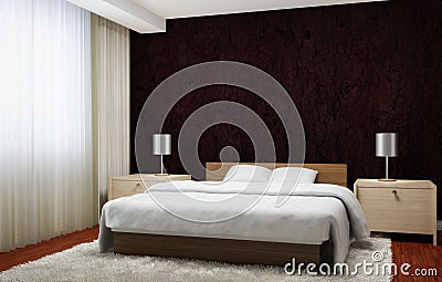 Bedroom interior executed in dark brown tones with light wood furnishings and white carpet. Cartoon Illustration