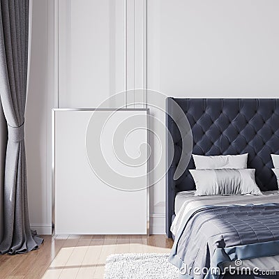 Bedroom interior home mock up. silver empty frame on grey wall background. Cartoon Illustration