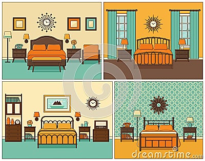 Bedroom interior. Hotel room in retro design. Vector illustration. Vector Illustration