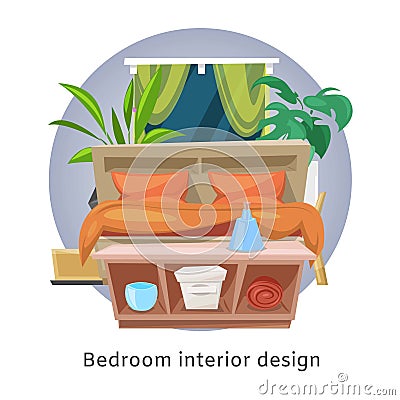 Bedroom interior or hotel room vector cartoon illustration. Apartment inside. Detailed modern house bedroom interior Vector Illustration