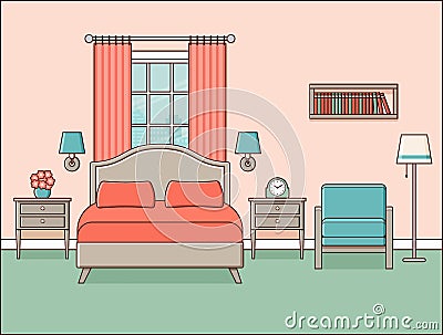 Bedroom interior. Hotel room. Retro apartment. Vector illustration Vector Illustration