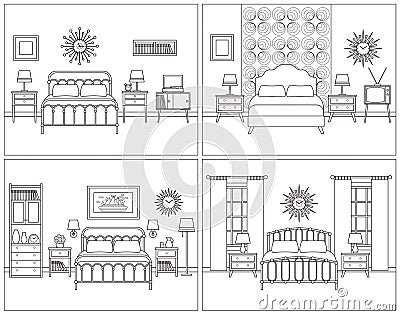 Bedroom interior. Hotel room in retro design. Vector illustration. Vector Illustration