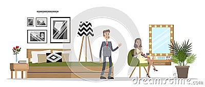 Bedroom interior in the house. Husband and wife in the room Vector Illustration