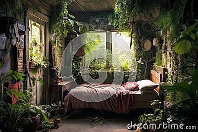 bedroom interior with plants and home garden inside. Dreams and imagination about fairy tales travel. Generative AI Cartoon Illustration