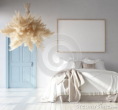 Bedroom interior with poster mockup, Scandinavian Bohemian style Stock Photo