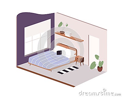 Bedroom interior project with furniture. Home room with double bed, nightstand, plants, door and window. Inside modern Vector Illustration